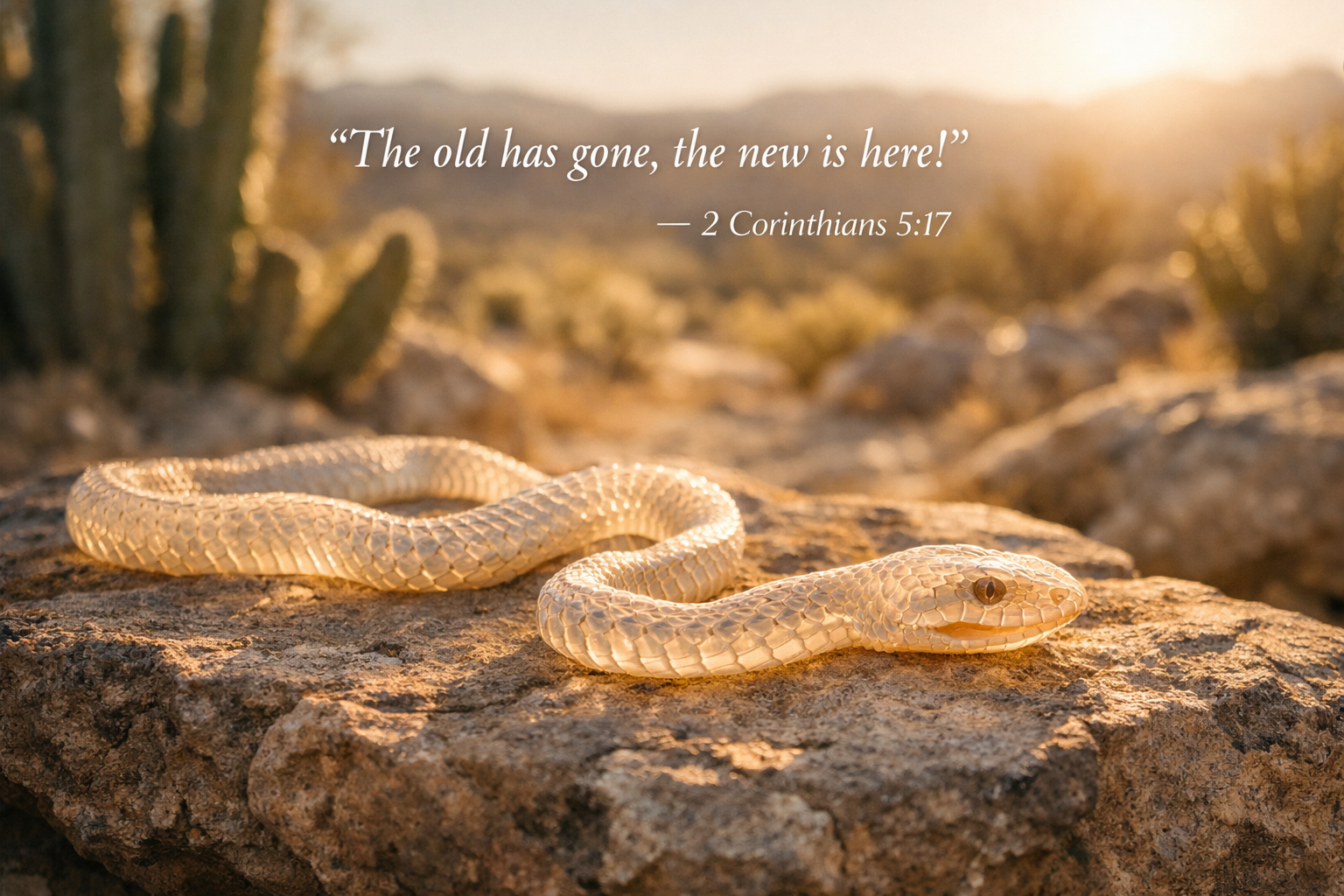 Snake shed skin lying intact on rock, old version left behind perfectly shaped but empty, desert morning light translucent scales, text The old has gone the new is here 2 Corinthians 5:17 -- HD wallpaper